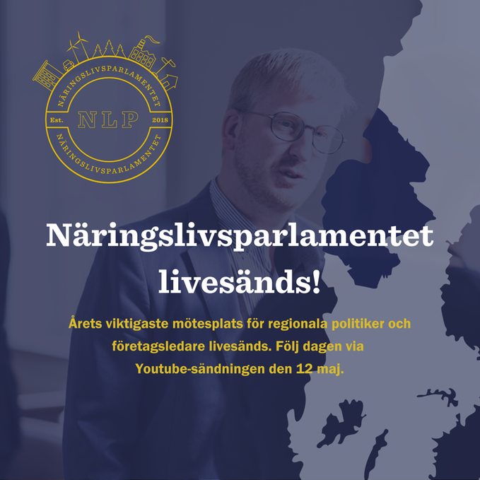 En illustration med näringslivsdepartementets symbol och en sverigekarta med Jämtland markerat. Mellan symbolen och kartan syns ett fotografi av en man. Illustrationen innehåller också text om att näringslivsdepartementet livesänds och går att följa via sändning på Youtube. 