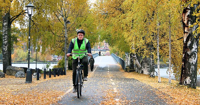 en man cyklar på en cykelbana med gula höstlöv på träden och marken