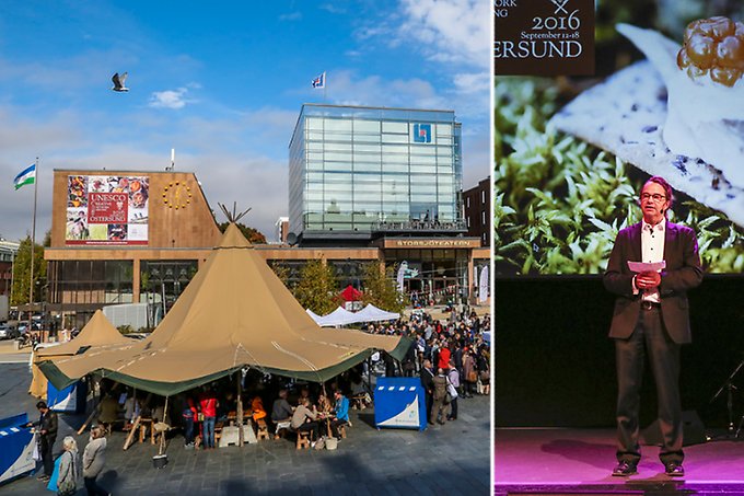 Vy över Stortorget i Östersund med en folksamling och ett stort tält i förgrunden, folksamling och Storsjöeatern i bakgrund.