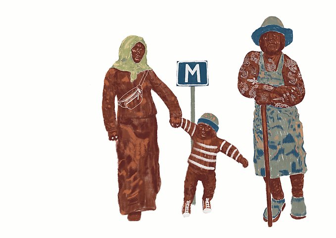 En illustration med tre terracottafärgade figurer som föreställer två vuxna och ett barn som håller den ena vuxna i handen. Den andra vuxna bär på en käpp. Figurerna ser ut att vara ute på promenad. i bakgrunden syns vägskylten för mötesplats. Alltså ett vitt m på blå botten.
