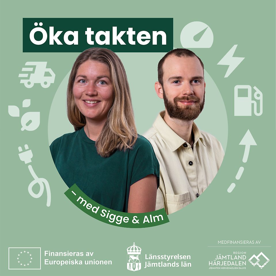 En grön bild med två personer en kvinna med längre hår och en man med kort mörkt hår och skägg. små vita symboler på energi-, miljö- och naturtema. Även Region Jämtland Härjedalens logga, EU-loggan och Länsstyrelsens logga syns